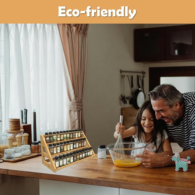 Bamboo Spice Rack: Large Spice Shelf for Kitchen Countertop Pantry Cabinet Organizer, Holds 24 Spice Jars (2.1")