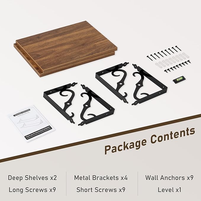 Deep Floating Shelves, 16" W x 12" D Wall Shelves Set of 2, Wide Display Shelf Wall Mounted with Brackets, Bookshelf for Living Room, Bathroom, Bedroom, Walnut