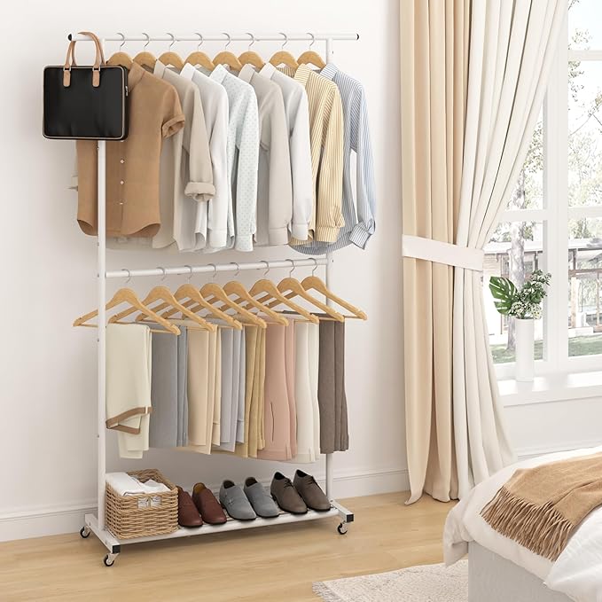 Sywhitta Double Rod Clothing Garment Rack, Rolling Coat Hanger with Bottom Mesh, Clothing Rack for Hanging Clothes, Coats, Skirts, Sweaters, White