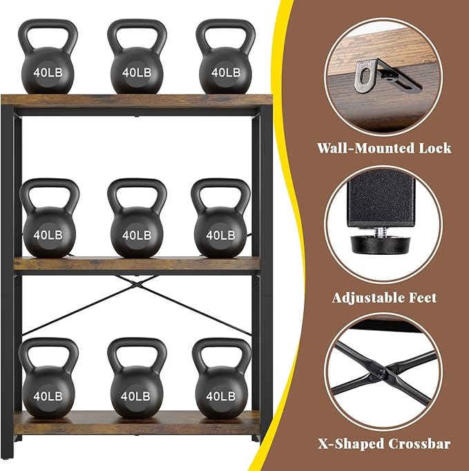 3-Tier Adjustable Heavy Duty Bookshelf, Industrial Wooden Open Storage Rack with Black Metal Frame, Vintage Bookcase with Lock Wall Design, Rustic Brown