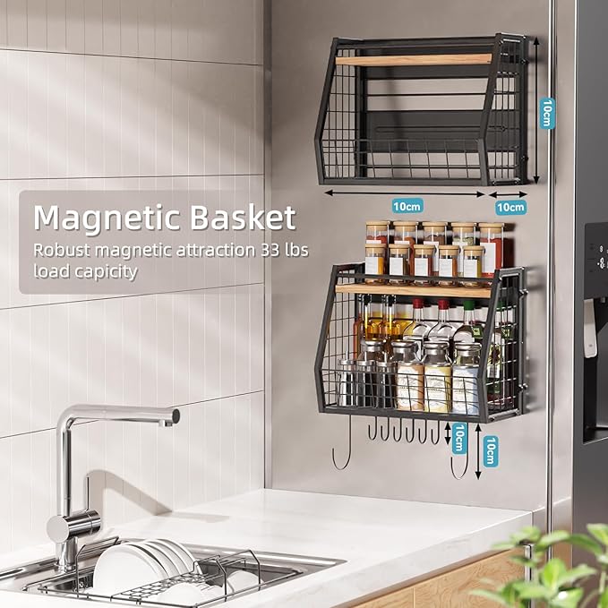 Magnetic Shelf for Fridge 2-Tier Storage, Magnetic Spice Rack with 8 Hooks, Large Capacity Refrigerator Organizer Multi - Purpose - 15kg Capacity