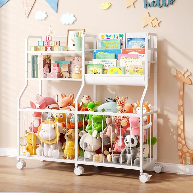 BBLIKE Stuffed Animal Storage Organizer - Rolling Kids Bookshelf and Toy Storage with 3 Tiered Book Display and Toy Chest - Rolling Furniture for Kids Room, Playroom, Bedroom, Nursery, White