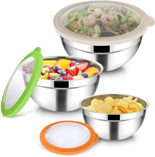 TeamFar Mixing Bowls, 4.5/3/1.5 QT Stainless Steel Nesting Salad Bowls with Airtight Lids, For Serving/Mixing/Storing/Prepping, Non-Toxic & Sturdy, Visible & Easy Clean, Multi-Color, Set of 3