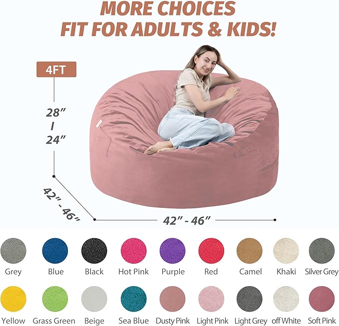 4FT Bean Bag Chair with Ultra Soft Velvet Cover Bean Bag Sofa with Memory Foam Bean Bag Chairs with Large Size Lazy Sofa for Dorm Office Living Room Bedroom Dusty Pink 4'