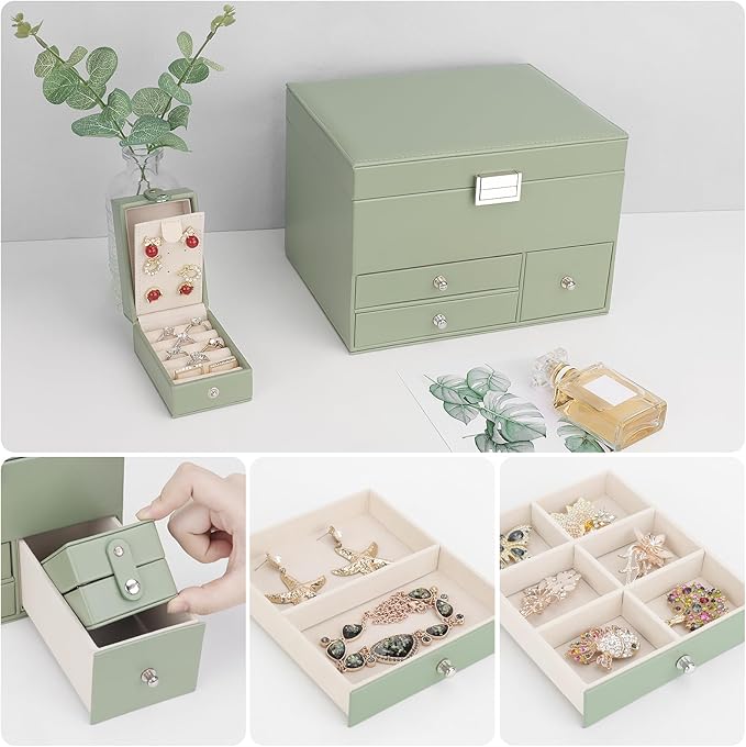 Jewelry Organizer Box, 3 Layers Large Jewelry Box with Travel Jewelry Case and Removable Tray, Jewelry Storage Case with Mirror for Necklaces Earrings Rings Bracelets Watches (Avocado Green)