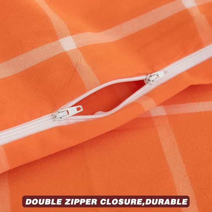 FACE TWO FACE Bedding Duvet Cover Set 3 Pieces 100% Washed Cotton Duvet Cover Linen Like Textured Breathable Durable Soft Comfy (King, Orange Grid)