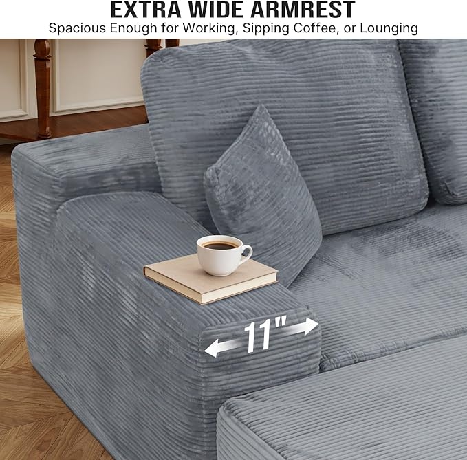 Rovibek 108” Modular Sectional Sofa with Chaise, Boneless Couches for Living Room with Deep Seat & Throw Pillow, Comfy Corduroy Fabric U Shaped Couch, No Assembly Required, Grey