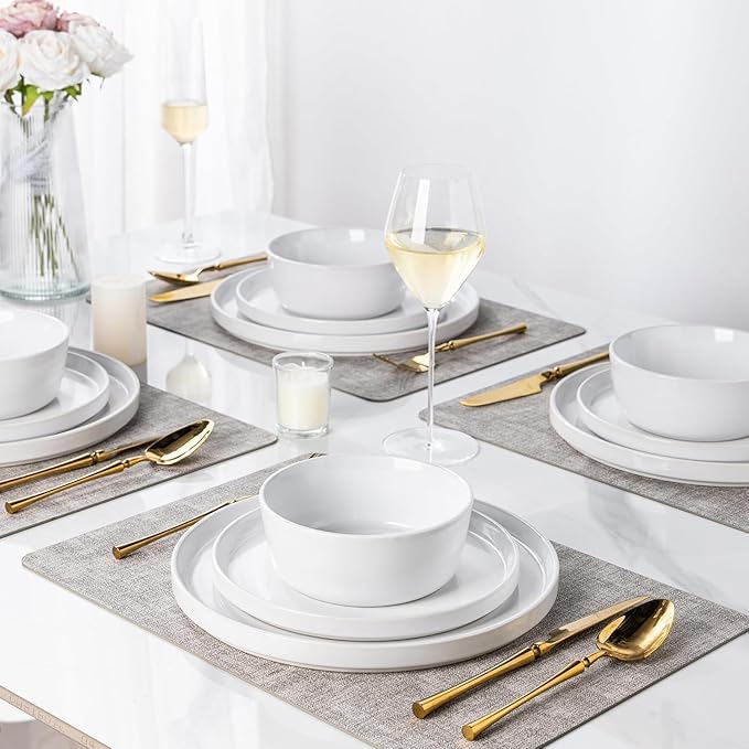 AmorArc Ceramic Dinnerware Sets for 4,Stoneware Plates and Bowls Sets,Chip and Crack Resistant | Dishwasher & Microwave Safe Ceramic Dishes,Service for 4 (12pc)-White