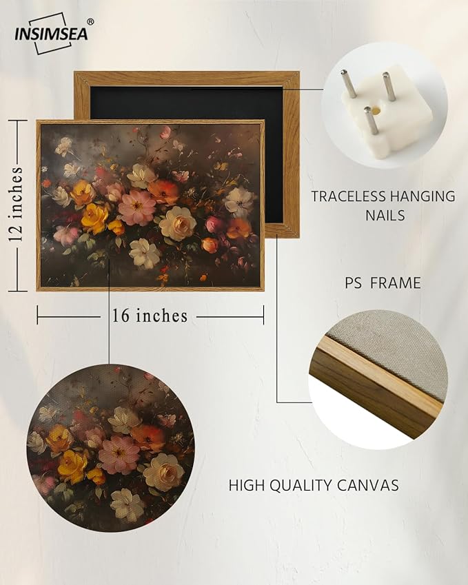 InSimSea Framed Canvas Wall Art, Vintage Wall Decor, Fall Floral Dark Moody Painting for Living Room, Bedroom Autumn Country Retro Flower Print Pictures Decorations,12x16inch