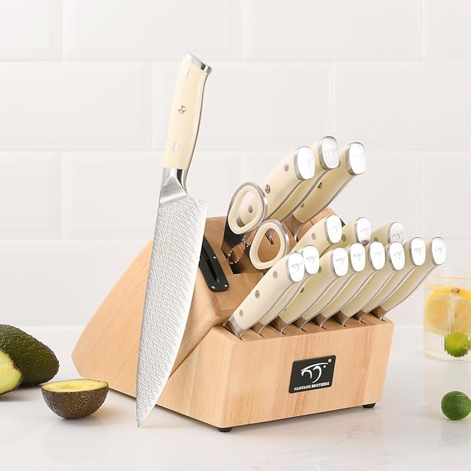 NANFANG BROTHERS Knife Set, 19-Piece Damascus Kitchen Knife Set with Block, ABS Ergonomic Handle for Chef Knife Set, Knife Sharpener and Kitchen Shears, Knife Block Set