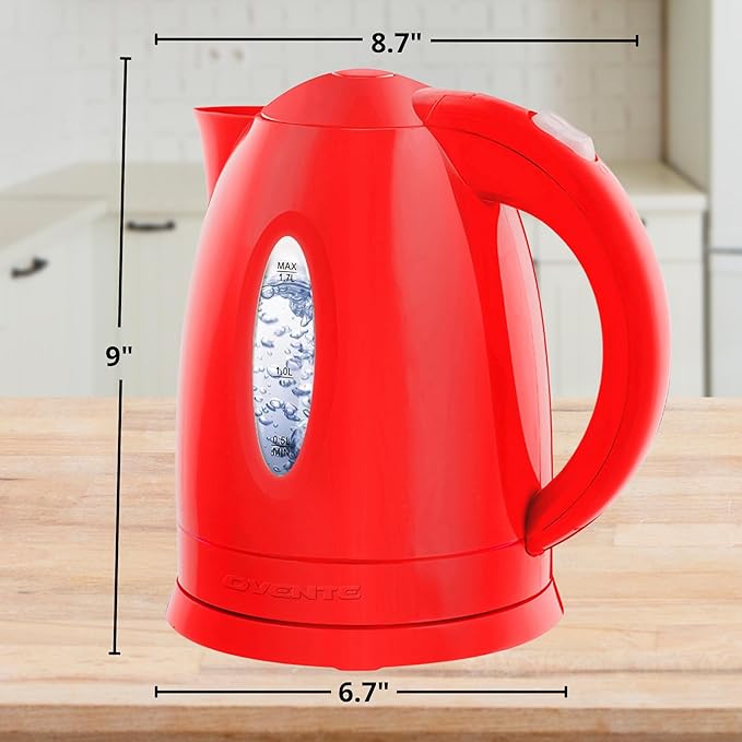 OVENTE Electric Kettle, 1.7L Fast Boiling Water Heater for Coffee or Tea, BPA Free with Water Level Gauge, Auto Shut-Off, Boil-Dry Protection, Indicator Light and Removable Filter, Red KP72R
