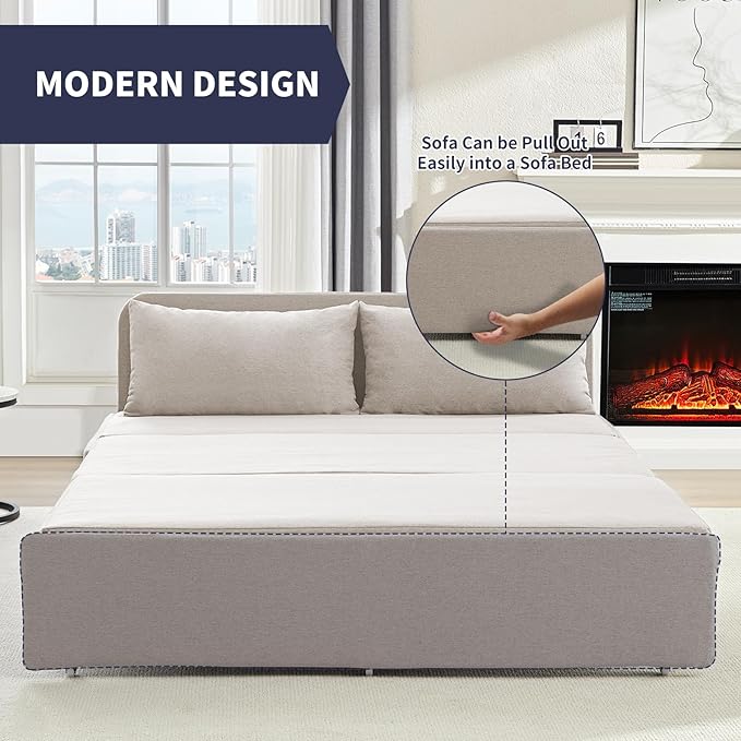 Queen Size Sofa Bed, Pull Out Sofa Bed with Cushions & Throw Pillows, Linen Couch Beds, Modern Convertible Sleeper Sofas Beds, Loveseat for Living Room for Small Spaces - Beige
