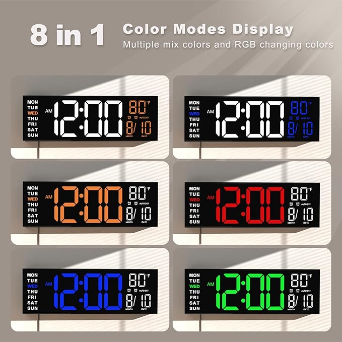 JALL 16" Large Digital Wall Mount Clock, Count Down Timer, Alarm, Big LED, RGB Color, DST, Temperature for Living Room Classroom Desk, Xmas, Birthday Gift for Senior Mom Dad (Green White, 16 inches)