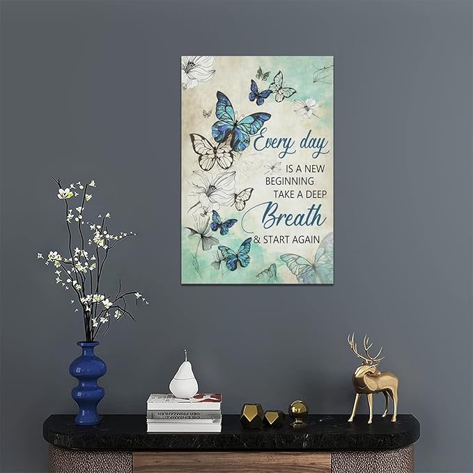 Teal Butterfly Wall Art Floral Decor Farmhouse Pictures Inspirational Quotes Canvas Prints Artwork Modern Home Decorations for Bathroom Girls Bedroom Living Room