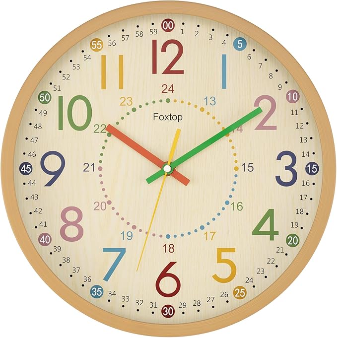 Foxtop Kids Wall Clock 12 Inch Silent Non-Ticking Battery Operated Colorful Childrens Wall Clock for Classroom Playroom Nursery Bedrooms Kids Room School