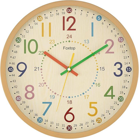 Foxtop Kids Wall Clock 12 Inch Silent Non-Ticking Battery Operated Colorful Childrens Wall Clock for Classroom Playroom Nursery Bedrooms Kids Room School