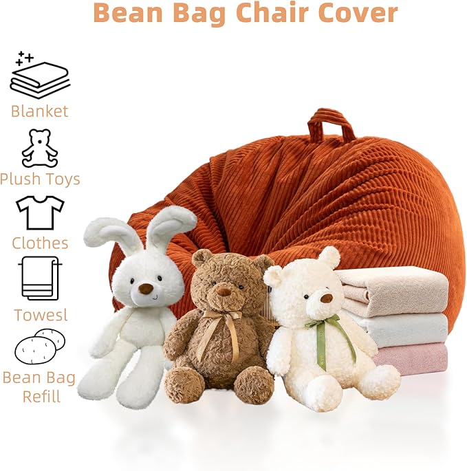 Stuffed Animal Storage Bean Bag Chair Cover, Cover Only (No Filler), Corduroy Toy Organizer Floor Cushion Seat, 48 in/120 cm Slipcover for Teens & Adults,Khaki