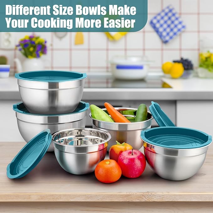 P&P CHEF Mixing Bowl with Airtight Lid Set of 5, 10-Piece Stainless Steel Nesting Salad Bowl Set for Prepping, Mixing and Serving, Size 4.6, 3, 1.5, 1, 0.7 QT, Rimmed Edges & Flat Base, Blue