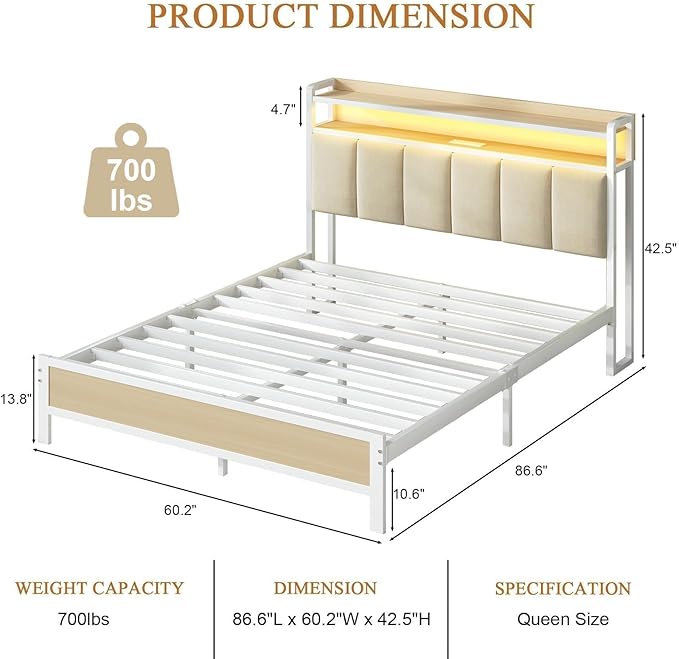 Queen Bed Frame with Charging Station and Storage Headboard, Metal Platform Bed Frame Queen Size with LED Lights, Heavy Duty Metal Slats Support, No Box Spring Needed, Easy Assembly, Beige