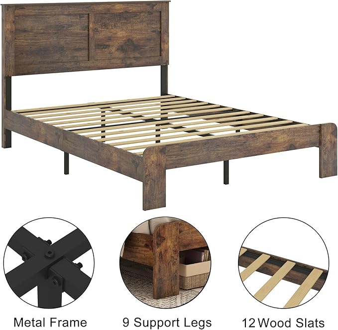 Queen Size Bed Frame, Vintage Platform Bed Frame with Wood Headboard and Footboard, 12 Wood Slats Support, No Box Spring Needed (Dark Brown)