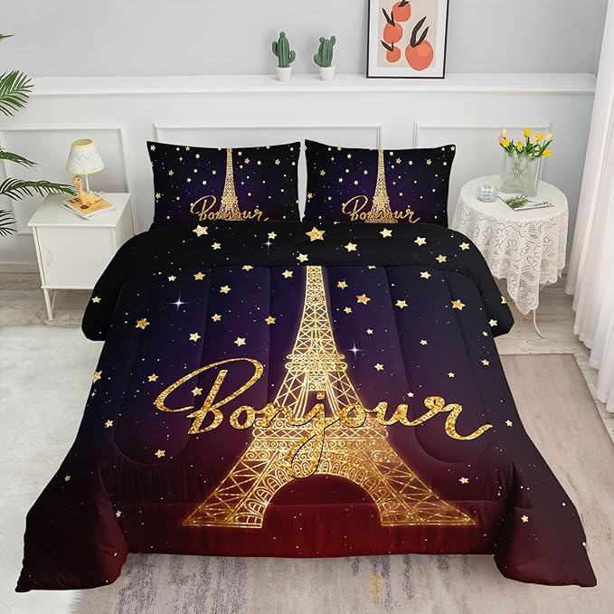 Kids Comforter Set Eiffel Tower Printed Pattern Bedding Set with 1 Comforter and 2 Pillowcases for Girls Boys Bedroom All Season(Tower Queen)