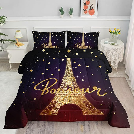 Kids Comforter Set Eiffel Tower Printed Pattern Bedding Set with 1 Comforter and 2 Pillowcases for Girls Boys Bedroom All Season(Tower Queen)