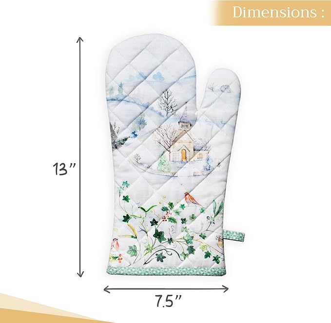 Maison d' Hermine Oven Gloves 100% Cotton Oven Mitt 7" x 13" with Loop Heat Resistant BBQ Cooking Gloves for Thanksgiving Christmas Decorations Baking Handling Hot Pans (Pack of 1, Snowy World)