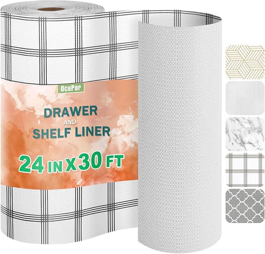 OcePor Non-Adhesive Drawer and Shelf Liner 24IN x 30FT，Non Slip Cabinet and Cupboard Liner, Kitchen Cabinet Liners for Shelves, Waterproof Drawer Shelf Liners for Cabinets/Bathroom Cupboard, Stripe