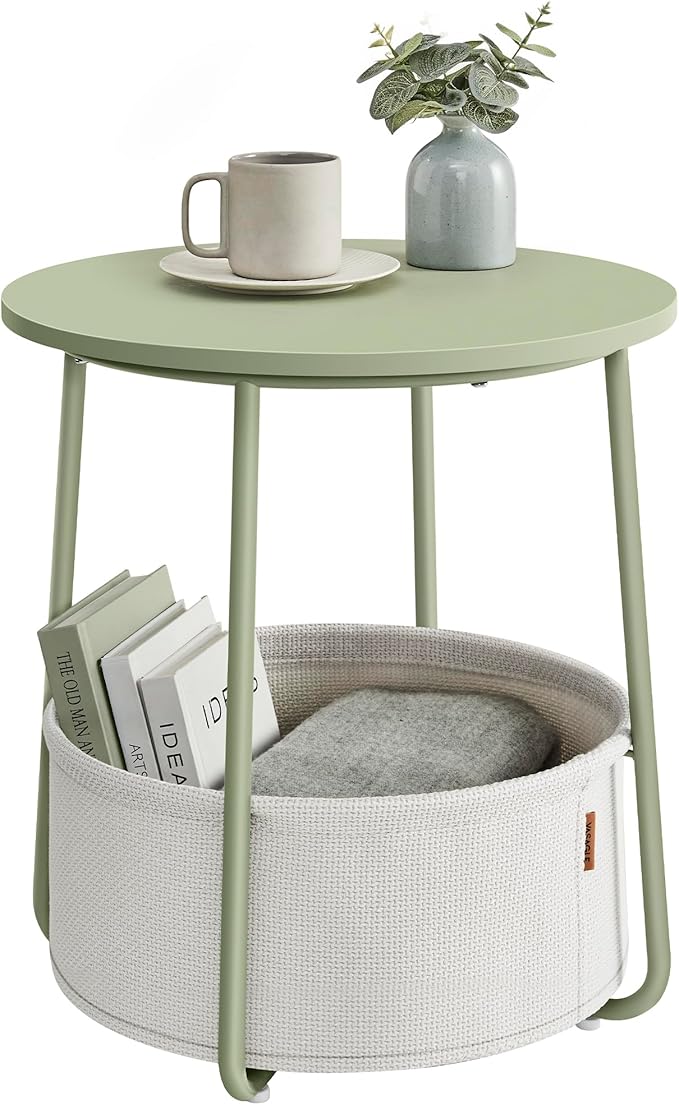 VASAGLE Small Round Side End Table, Modern Nightstand with Fabric Basket, Laurel Green and Cream White ULET223C69