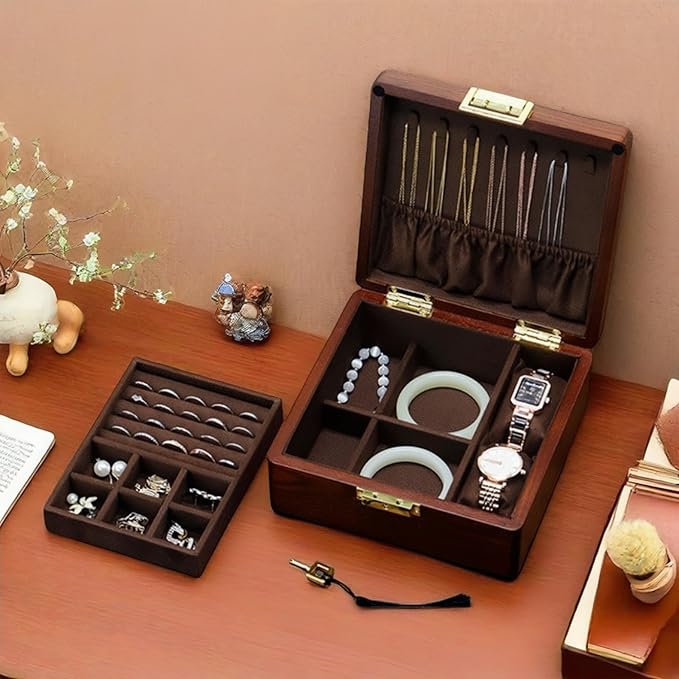 Bescott 2 Layer Solid Wooden Jewelry Box with Lock and Key for Women Men Vintage Velvet Wood Jewelry Organizer Storage for Earrings Rings Necklaces Bracelet Watch Mother’s Day Gift
