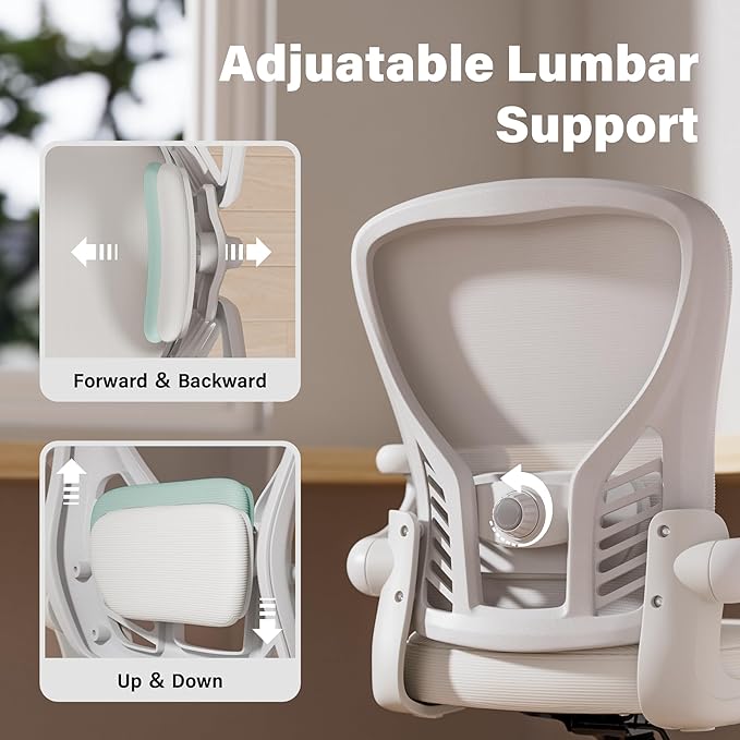 GYI Computer Desk Chair, Ergonomic Office Desk Chairs with Mesh Back, Adjustable Lumbar Support, Height, 3D Flip-up Arms, Wheels, Rocking Function (All White)