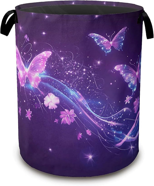Laundry Hamper,Flying Butterflies Laundry Basket,Glowing Stars Waterproof Oxford Cloth Storage Basket with Handle for Clothes Books Nursery Home Storage Sundries 16"x20"