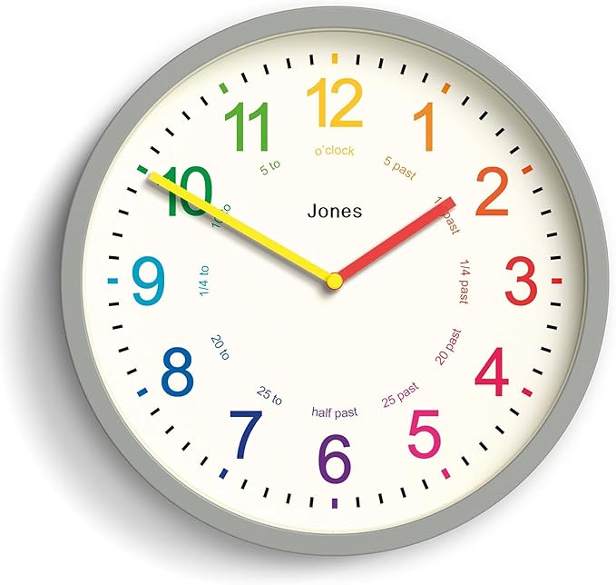 JONES CLOCKS® Kids Wall Clock | Small Modern Children’s Nursery Clock | 25cm | Gray | Colourful dial for Learning to Tell The time