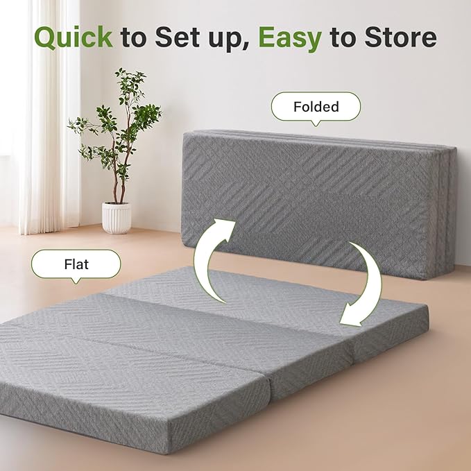 Folding Mattress 4in Single Memory Foam Tri-Folding Mattress with Washable Cover Foldable Floor Mat for Guest Bed, Camping, Yoga, RV Travel, Light Grey (Size: 25" L x 75" W x 4" Th)