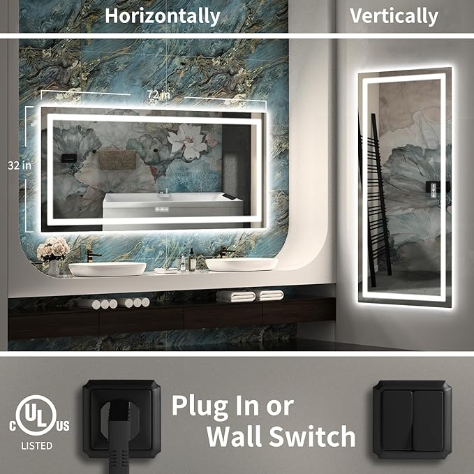 LED Mirror for Bathroom, 72x32 Inch Backlit + Front Lighted Bathroom Vanity Mirror with Lights, Double Light Strips, 3 Colors, Shatter-Proof, Anti-Fog and Brightness Memory