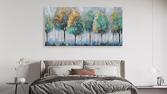 NINEASO Abstract Forest Canvas Wall Art - Teal Yellow Trees Pictures Grey Blue Earthy Wall Decor Modern Botanical Painting Print Artwork for Living Room Bedroom Home Office Decor 20" x 40"