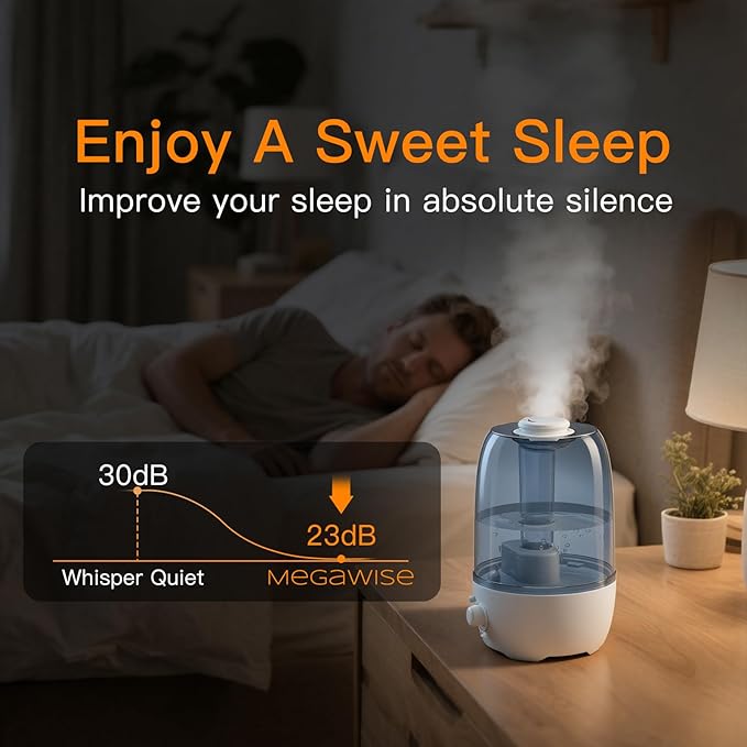 MEGAWISE Humidifier for Kid bedroom with 3.2L Large Capacity, No leakage Design Fine Mist Output Auto Shutoff, Essential Oil Safe Tank (White)