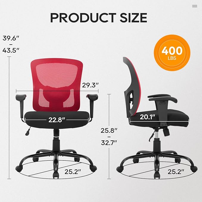 Big and Tall Office Chair 400lbs Desk Chair Mesh Computer Chair with Lumbar Support Wide Seat Adjust Arms Rolling Swivel High Back Task Executive Ergonomic Chair,Red