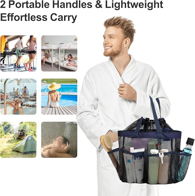 F-color Mesh Shower Caddy Portable with Drawstring - Deeper 7 Pockets Dorm Room Essentials for Guys Girls with S Hook, Shower Bag Tote for College Camping Toiletry Bathroom, Black with Dark Blue