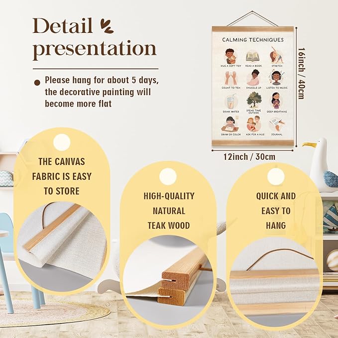 Feelings Chart & Emotional Learning Poster, Hanging Linen Canvas Wall Art with Solid Wood Frame, Montessori Social Skills Poster for Kids, Home & Classroom Decor – 2Piece Set 12x16 Inches (Feelings)