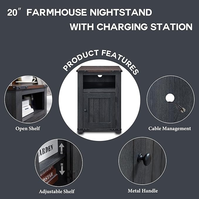 Farmhouse End Table with Charging Station, 20" Nightstand w/Groove Barn Door, Rustic Wood Bedside Table, Side Table with Storage w/Open & Adjustable Shelf for Bedroom, Living Room (Dark Grey)