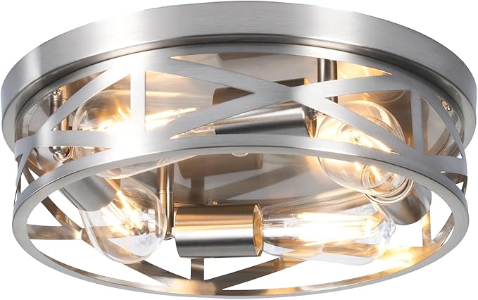 13 Inch Ceiling Light Fixtures, 4-Light Brushed Nickle Flush Mount Ceiling Light, Metal Cage Cross Modern Indoor House Close to Ceiling Lights for Kitchen Bedroom Foyer Hallway Office