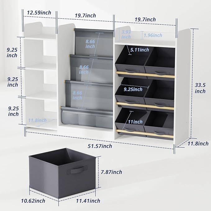 Kids Toy Book Storage Organizer - Large Bookshelf with 7 Removable Bins, Baby Bookshelf and Toy Storage, 4-Tier Book Shelf for Kids Room, Playroom, Classroom, 51 inch, White
