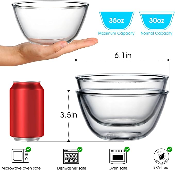 NUTRIUPS Glass Bowls Set Cereal Bowl Glass Salad Bowls Small Bowl for Kitchen (30oz-set of 2)