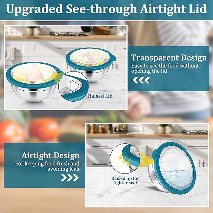 P&P CHEF Mixing Bowl with Visible Airtight Lid Set of 5, 10-Piece Stainless Steel Nesting Salad Bowl Set for Prepping, Mixing and Serving, Size 4.6, 3, 1.5, 1, 0.7 QT, Rimmed Edges & Flat Base, Blue