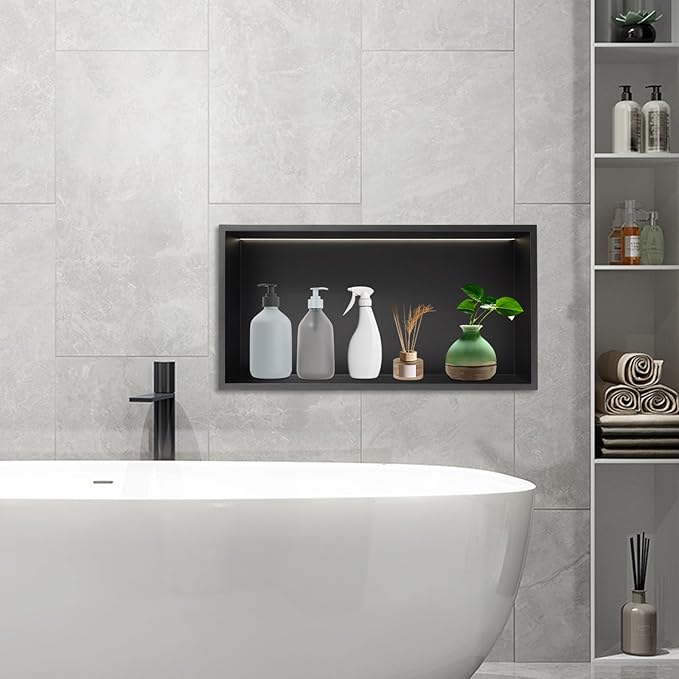 Shower Niche Cabinet, LED Light Shower Ni-Che, 13 x 25 x 4 inch Recessed Wall Niche with LED Strip, No Tile Need Shower Shelf for Bathroom Recessed Wall Shelf Horizontal Ni-Che, Black