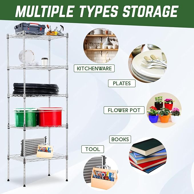 PayLessHere 5-Tier Adjustable Wire Shelf 12" W x 17" D x 48" H Max Load 750 lbs, Easy Assembly, Versatile Storage Solution, Durable and Stable for Home and Office,Chrome