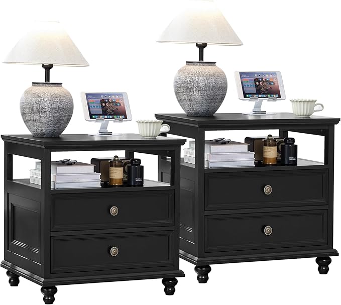 24" Wide Farmhouse Night Stand Set of 2,Large End Table with 2 Drawers & Metal Handle,Black Wood Dresser for Bedroom, Bed Side Table Chest of Drawers Cabinet, Nightstand for Living Room,Closet