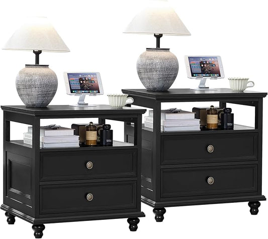 24" Wide Farmhouse Night Stand Set of 2,Large End Table with 2 Drawers & Metal Handle,Black Wood Dresser for Bedroom, Bed Side Table Chest of Drawers Cabinet, Nightstand for Living Room,Closet