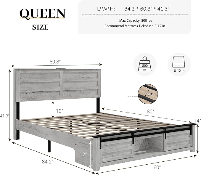Queen Size Bed Frame with Wood Headboard, Wooden Platform Bedframe with Sliding Barn Door Footboard and Charging Station Easy Assembly, No Box Spring Needed (Boho White, Queen)